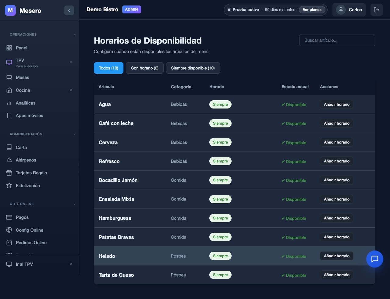 Captura de pantalla de Mesero: Horarios de artículos