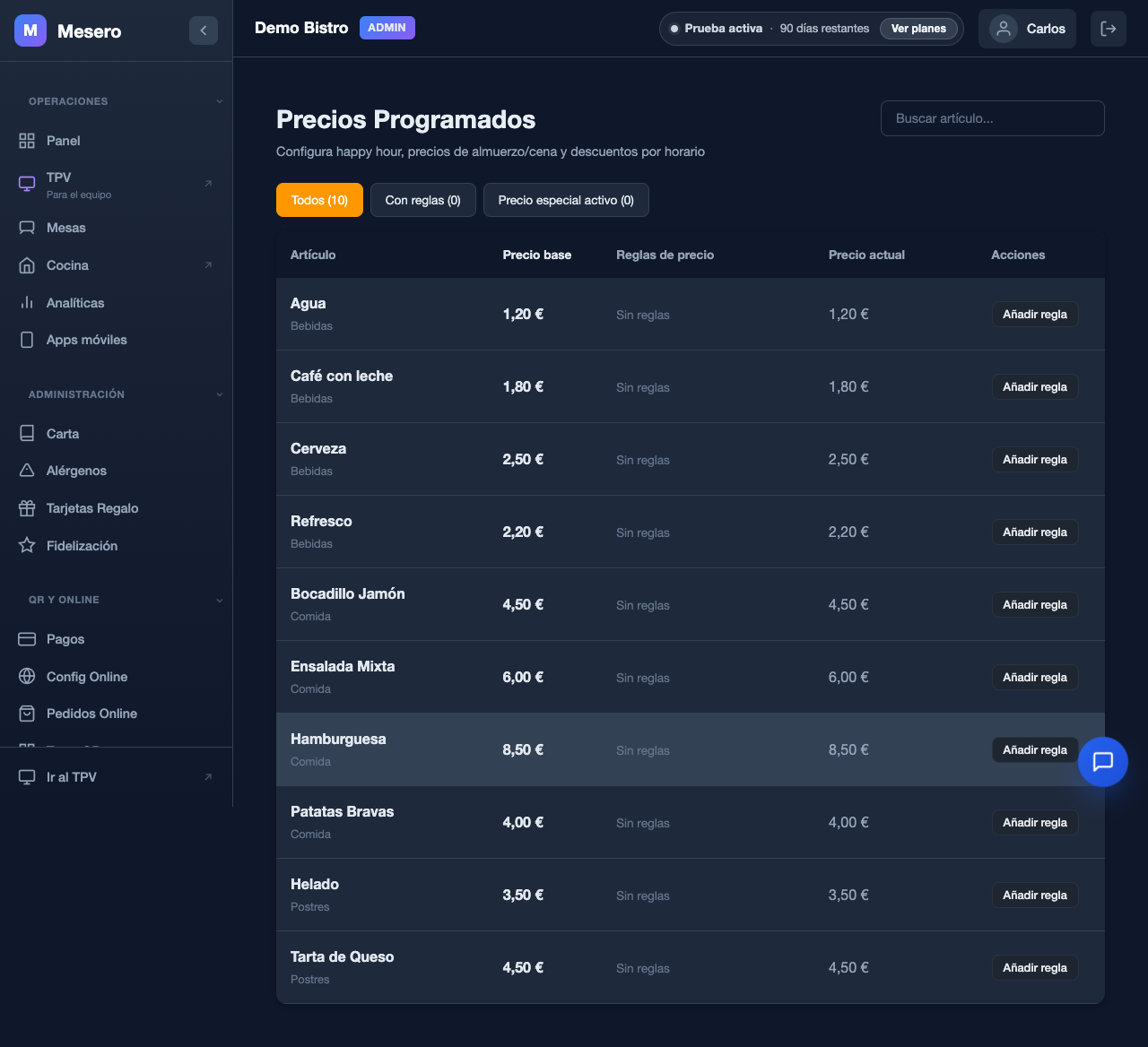 Captura de pantalla de Mesero: Precios programados (happy hour)