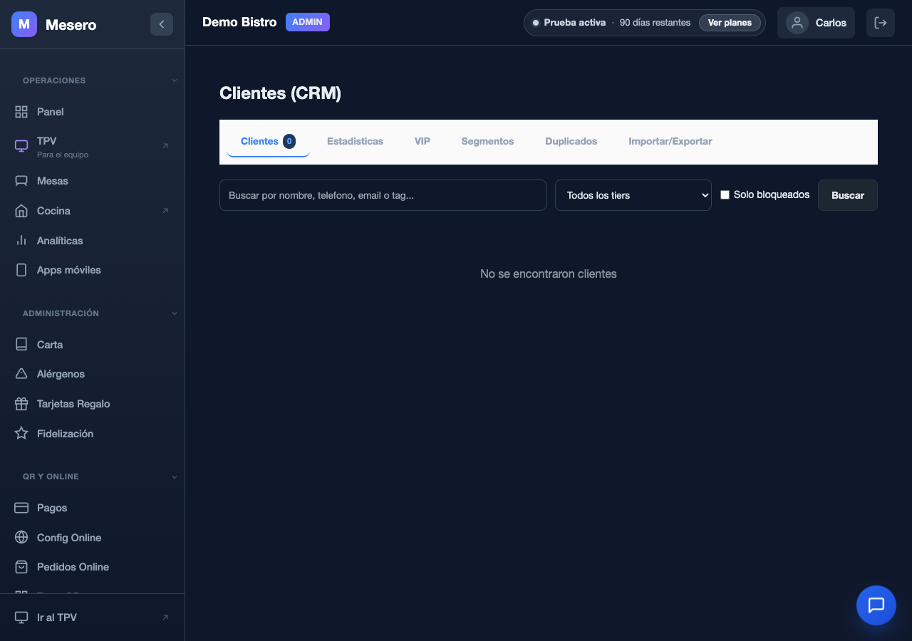 Captura de pantalla de Mesero: Clientes (CRM)