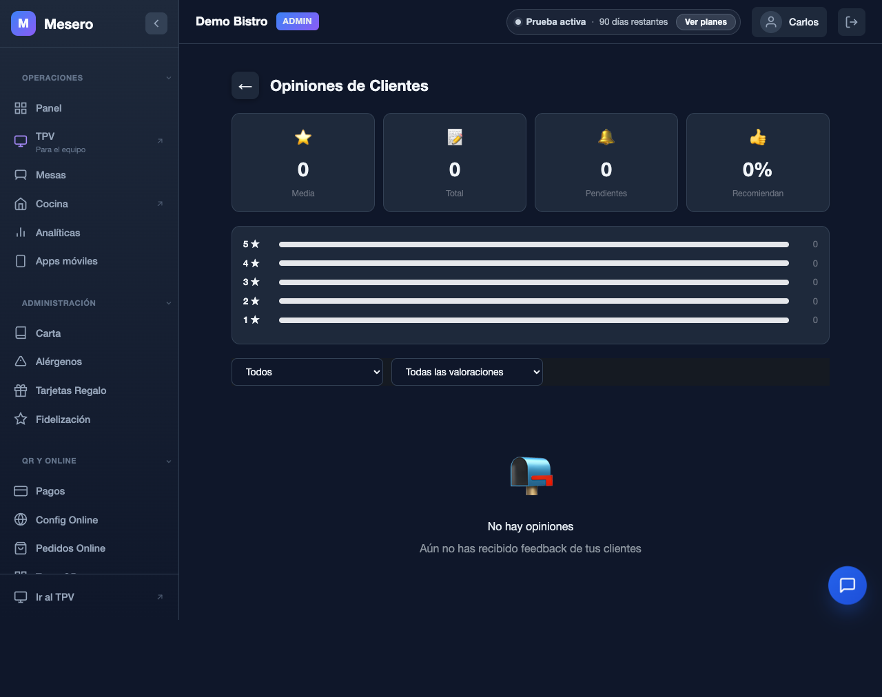 Captura de pantalla de Mesero: Opiniones de clientes (feedback)