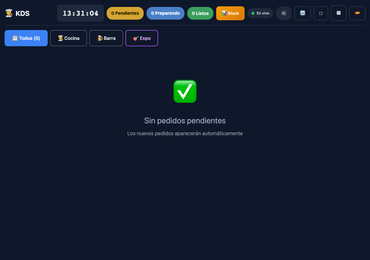 Pantalla de cocina (KDS) de Mesero con comandas por zonas, contadores de pendientes/preparando/listos y la vista Expo