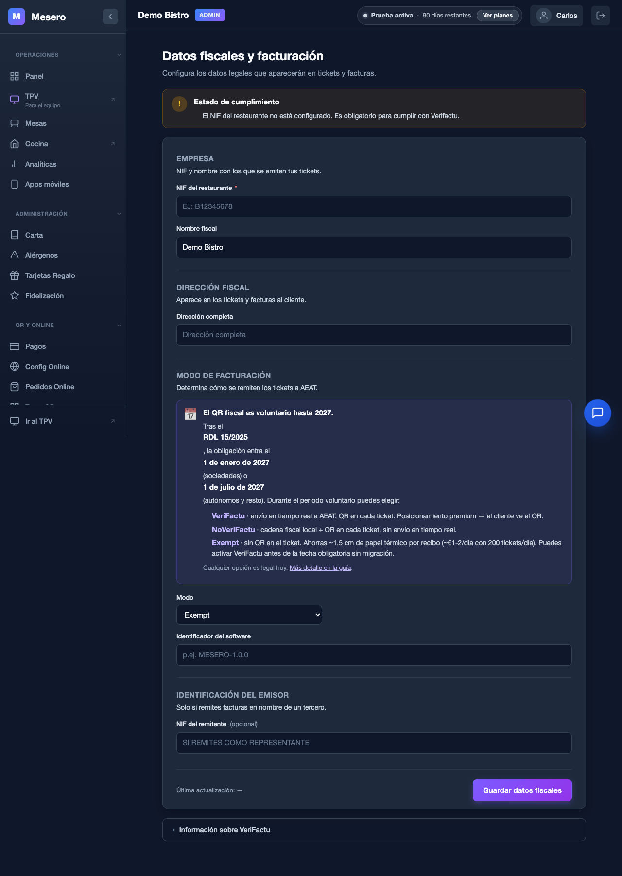 Captura de pantalla de Mesero: Datos fiscales y modo de facturación