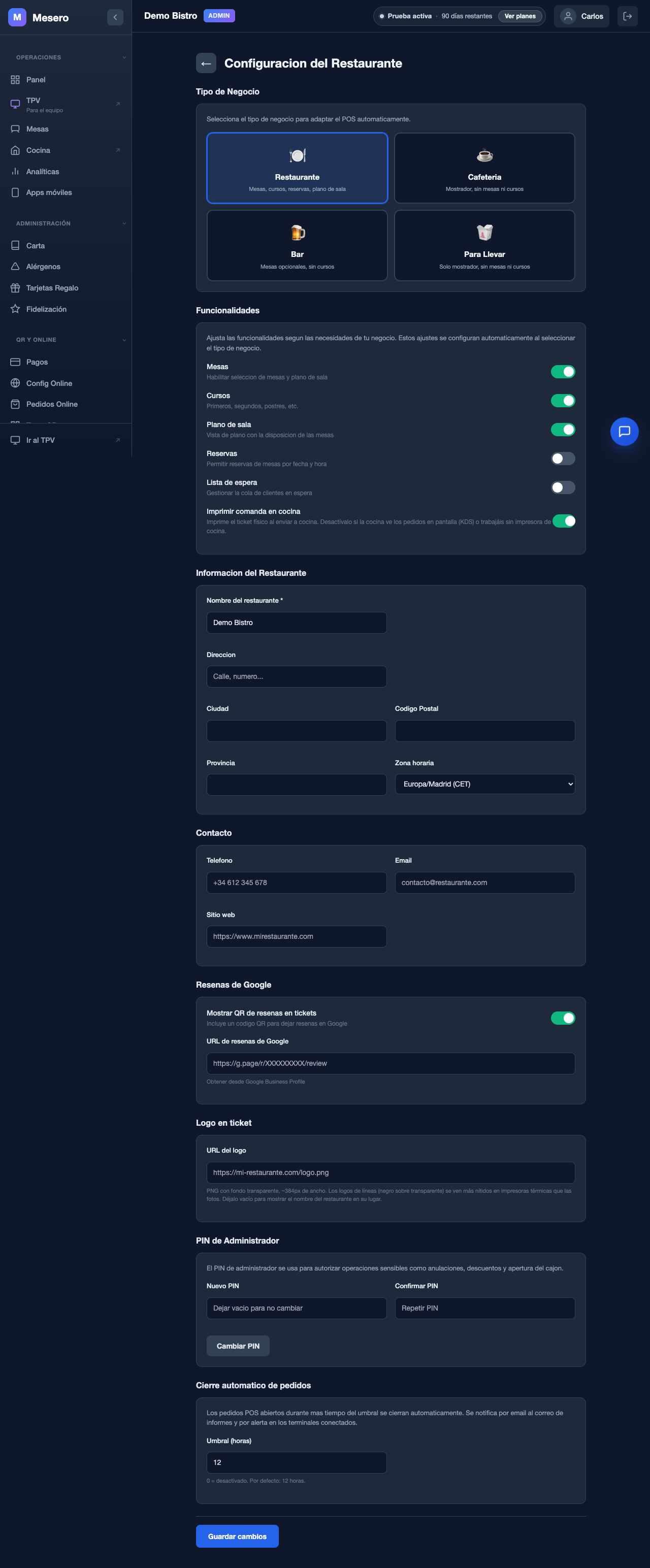 Captura de pantalla de Mesero: Configuración general