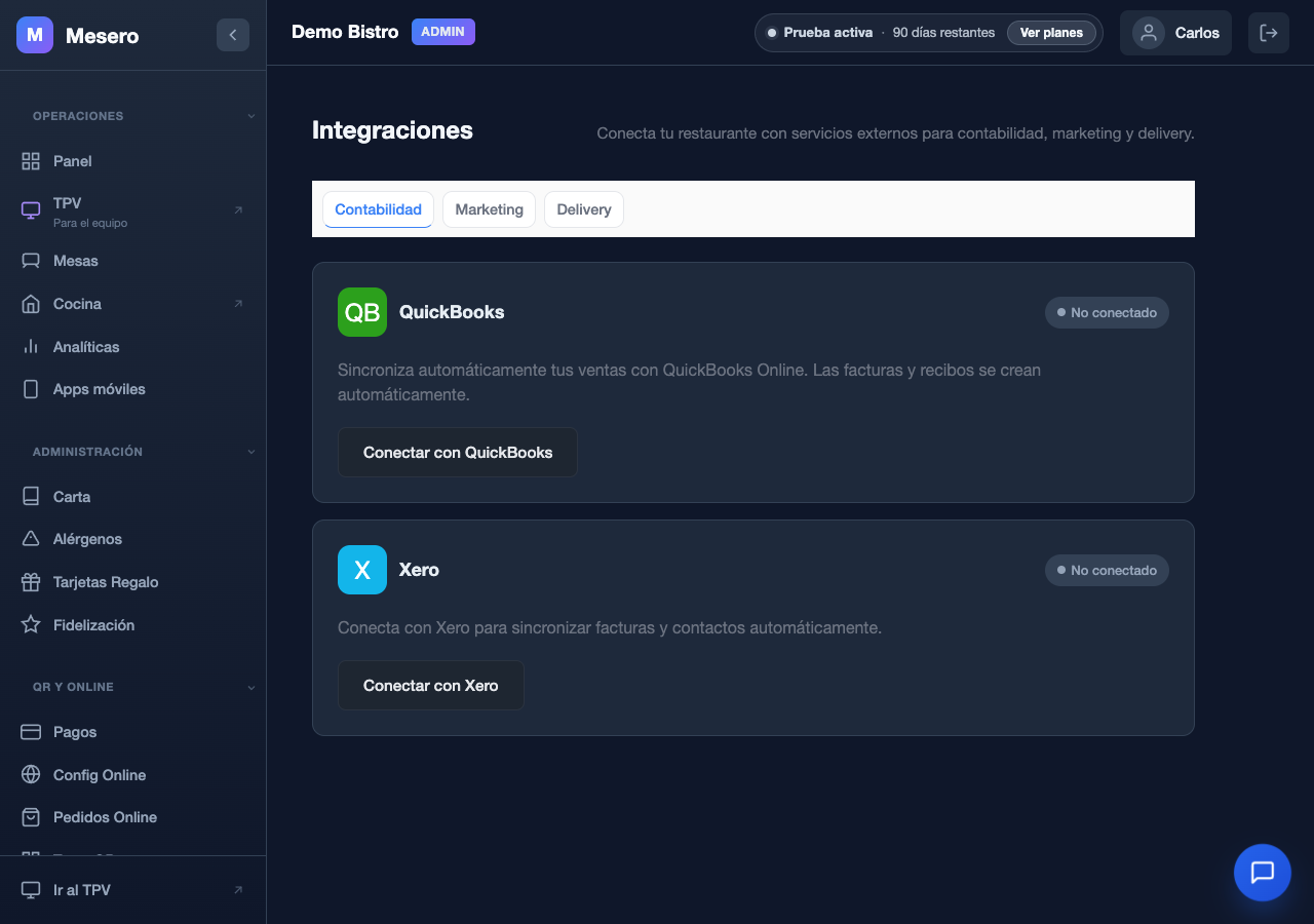 Captura de pantalla de Mesero: Integraciones