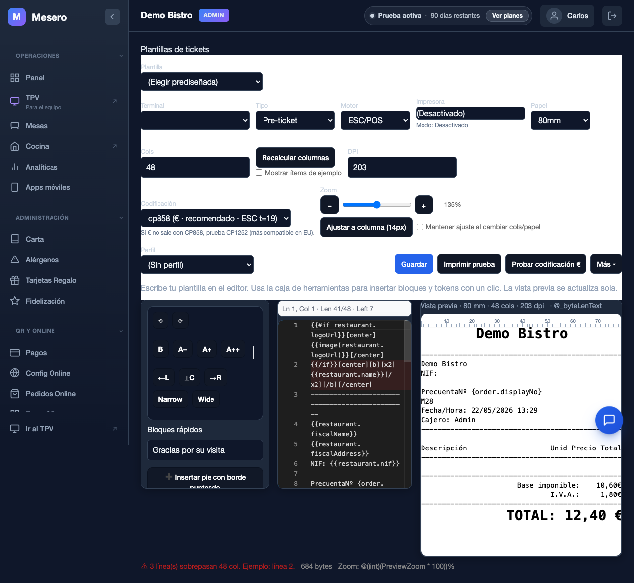 Captura de pantalla de Mesero: Plantillas de ticket