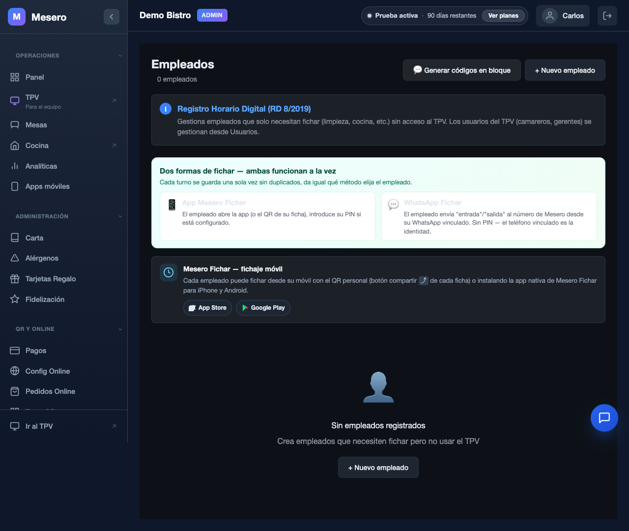 Captura de pantalla de Mesero: Empleados, roles y PIN