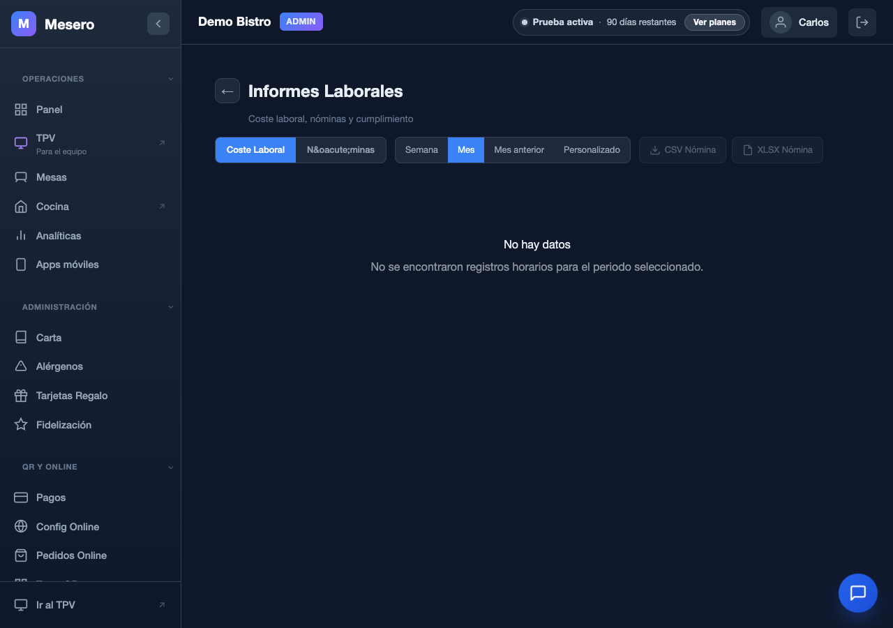 Captura de pantalla de Mesero: Informes laborales