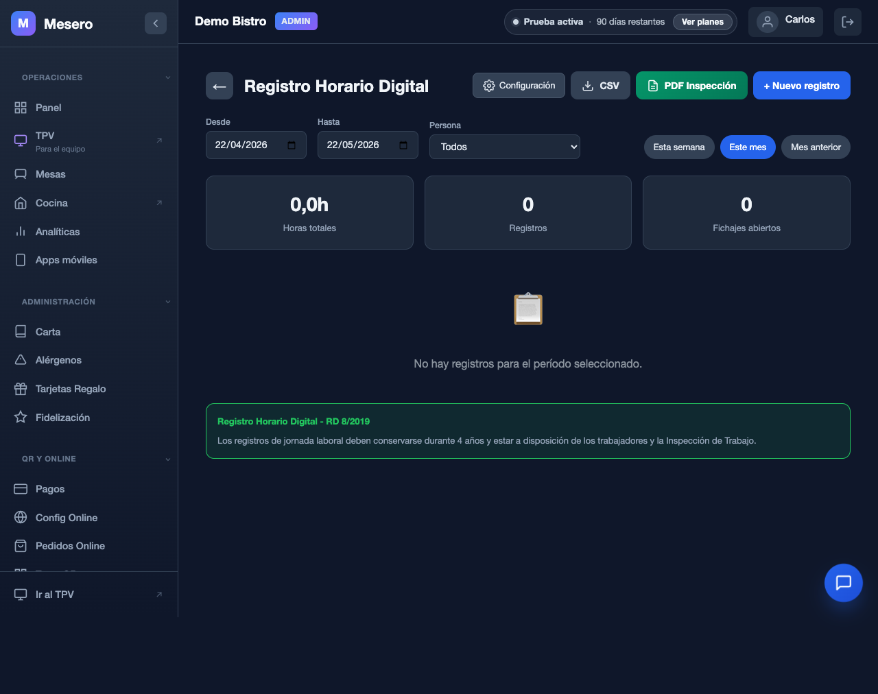 Captura de pantalla de Mesero: Registro horario y correcciones