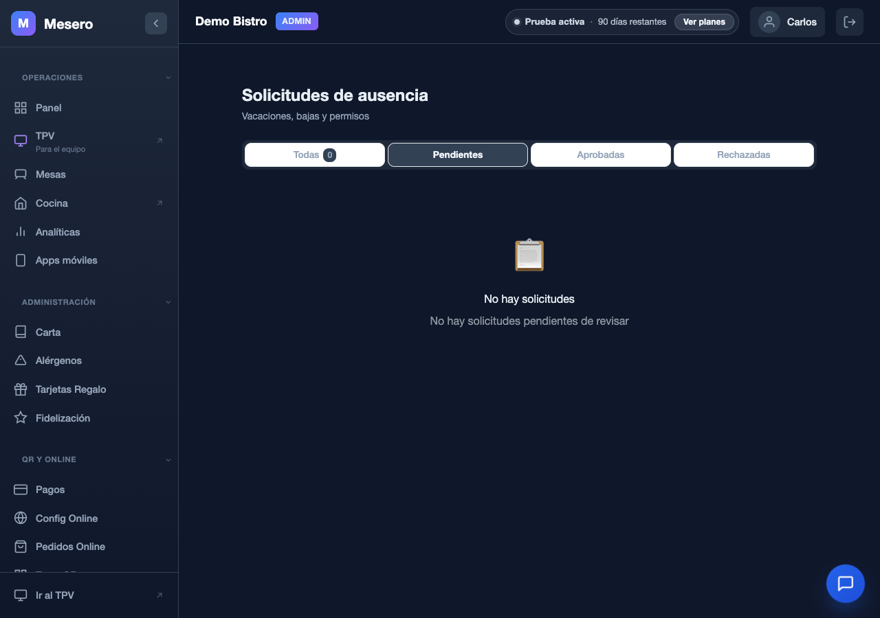 Captura de pantalla de Mesero: Solicitudes del empleado