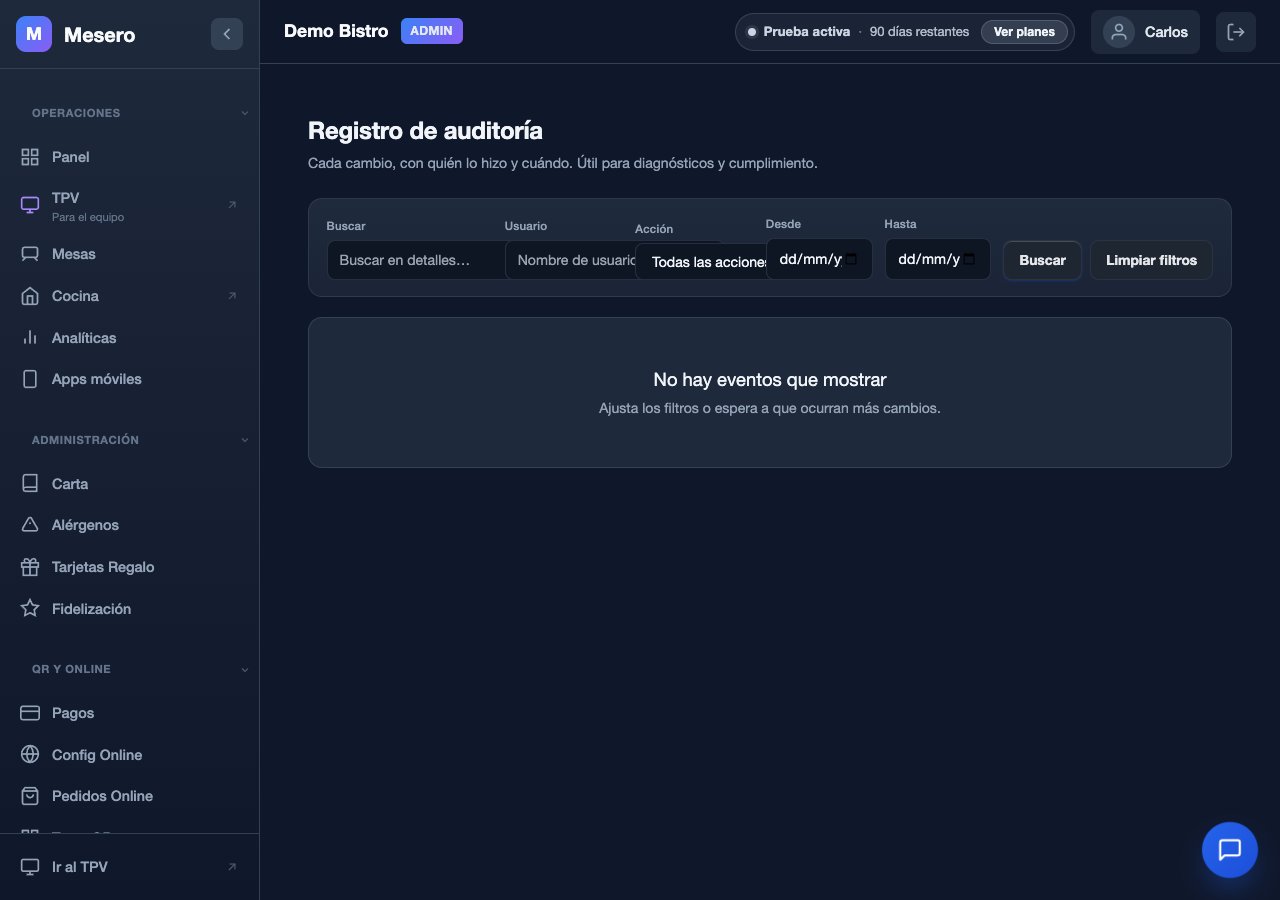 Captura de pantalla de Mesero: Auditoría (registro de actividad)