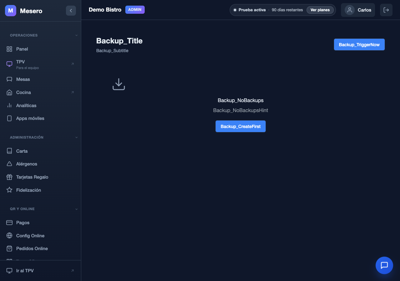 Captura de pantalla de Mesero: Copias de seguridad