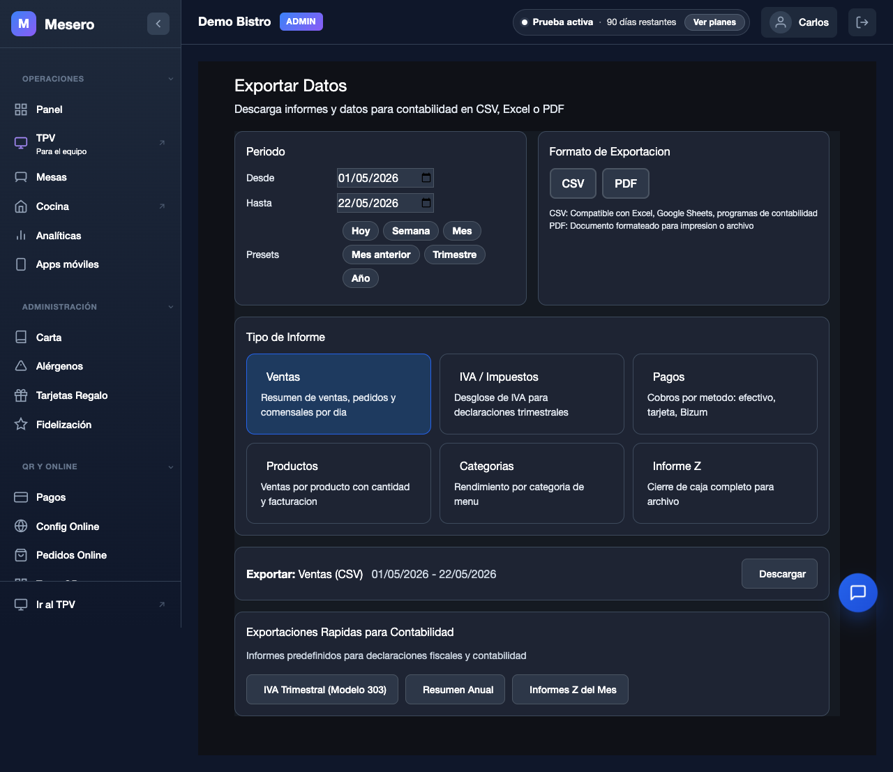 Captura de pantalla de Mesero: Exportar datos