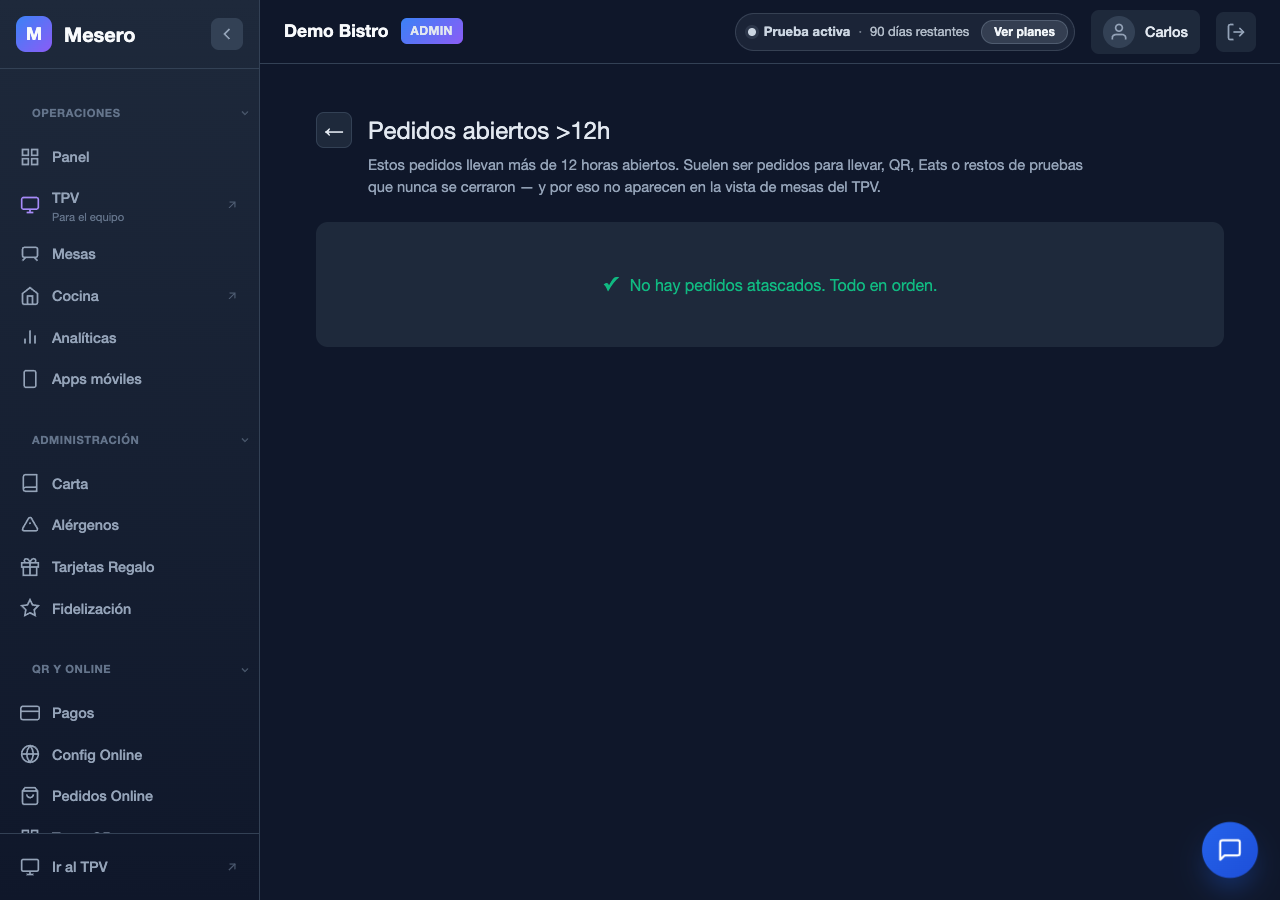 Lista de pedidos abiertos más de 12 horas en Mesero, con acciones para cerrar o cancelar