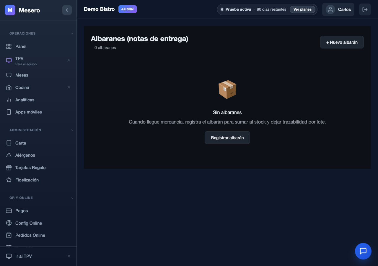 Captura de pantalla de Mesero: Albaranes (notas de entrega)