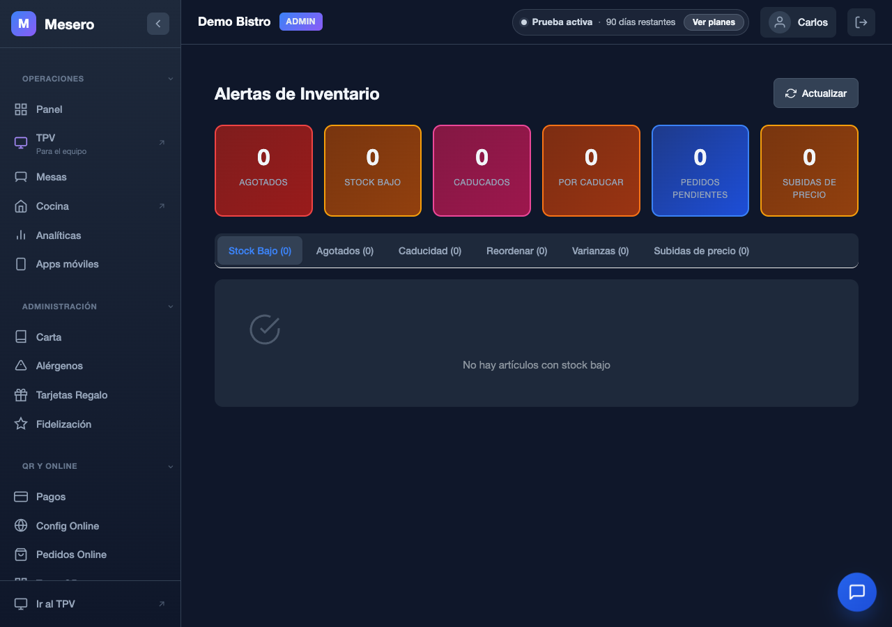 Captura de pantalla de Mesero: Alertas de inventario