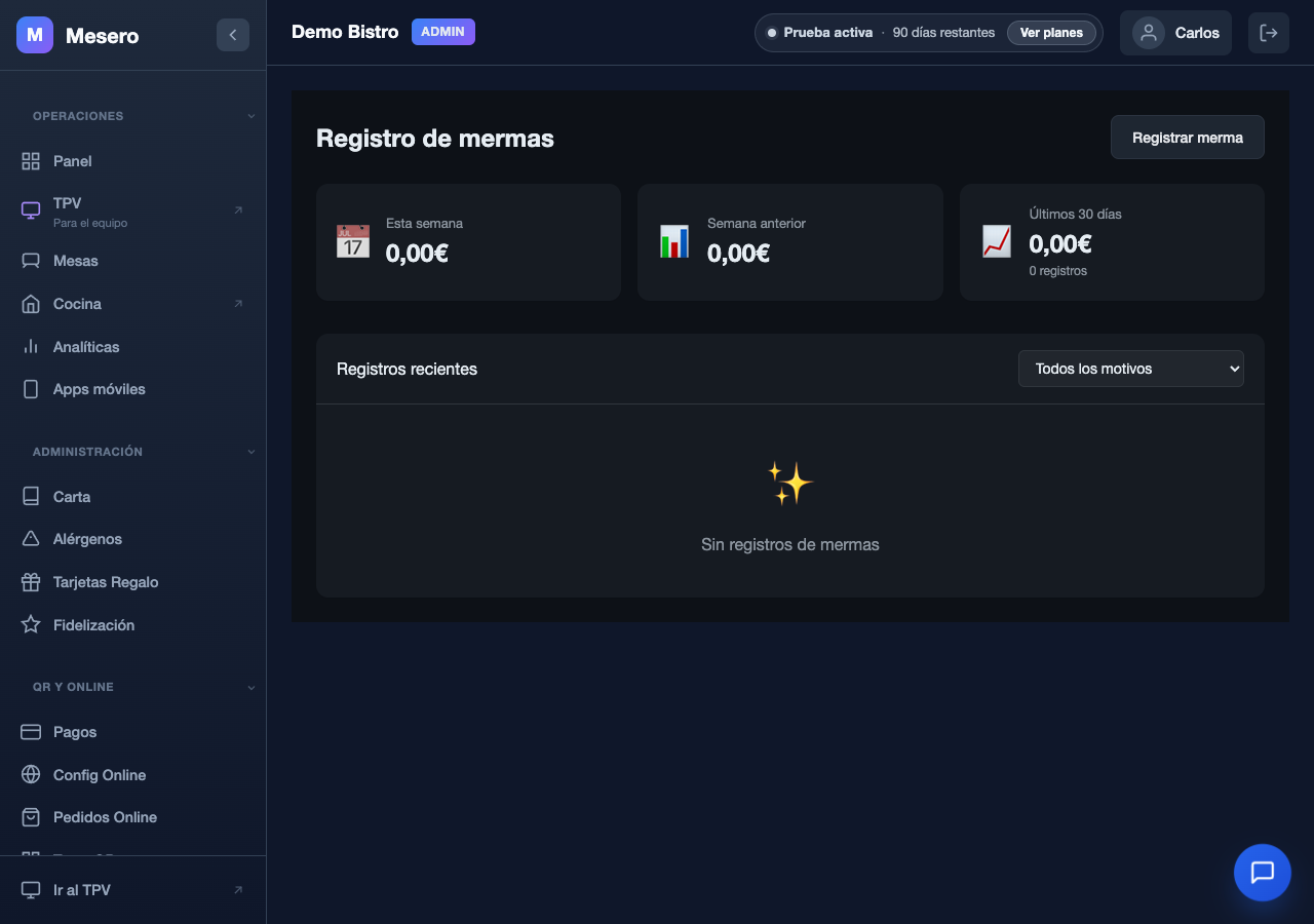 Captura de pantalla de Mesero: Mermas