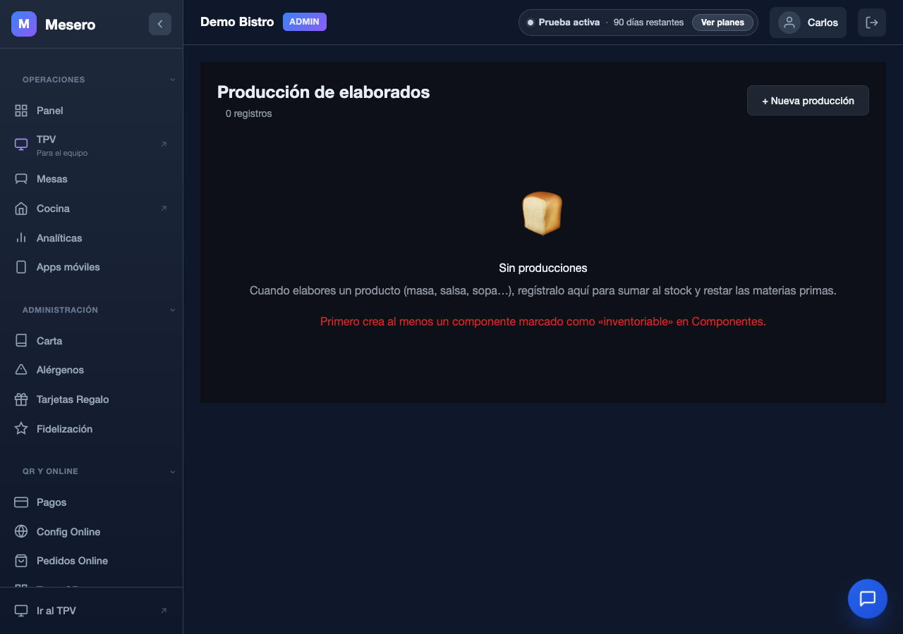 Captura de pantalla de Mesero: Producción de elaborados