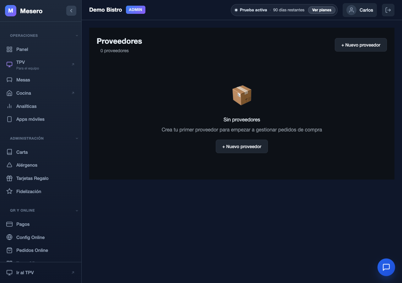 Captura de pantalla de Mesero: Proveedores y catálogo (multi-proveedor)