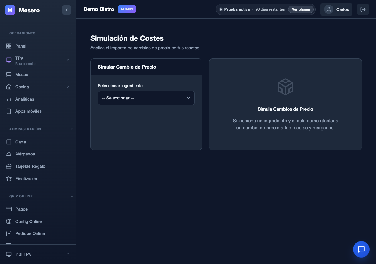Captura de pantalla de Mesero: Simulación de costes
