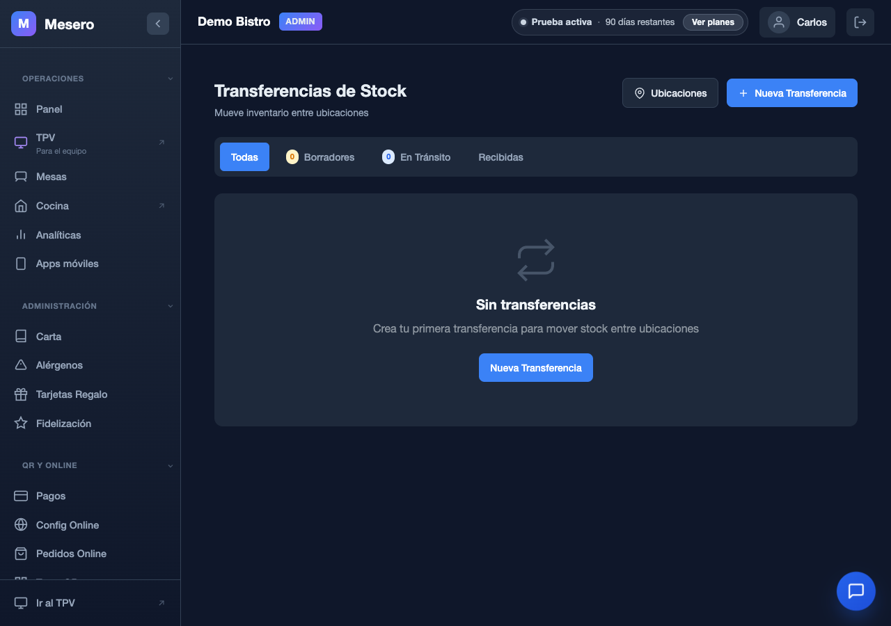 Captura de pantalla de Mesero: Transferencias y ubicaciones