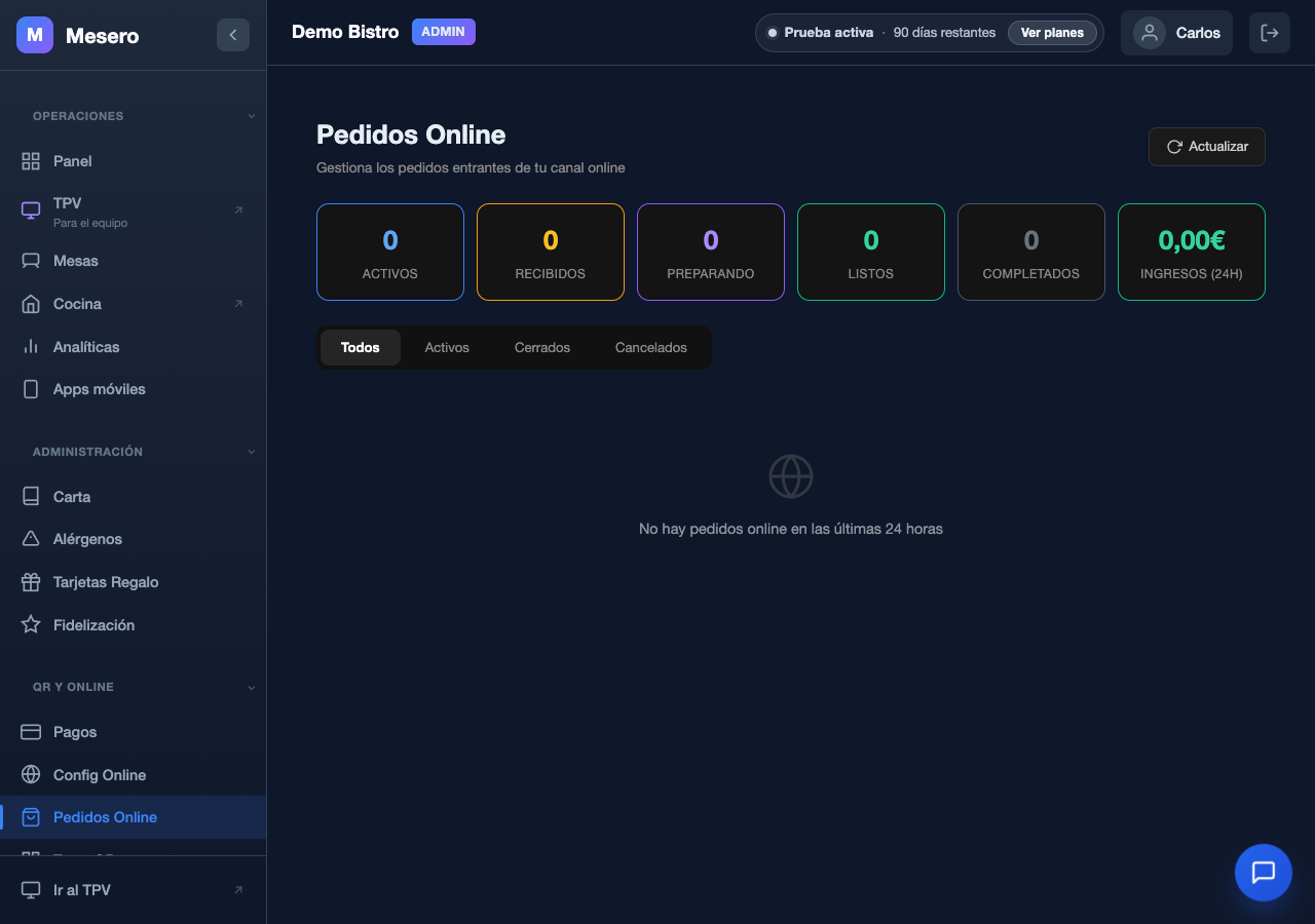 Captura de pantalla de Mesero: Gestionar pedidos online