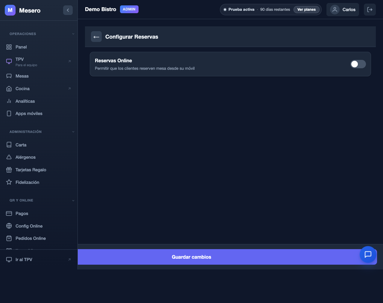 Captura de pantalla de Mesero: Configuración de reservas