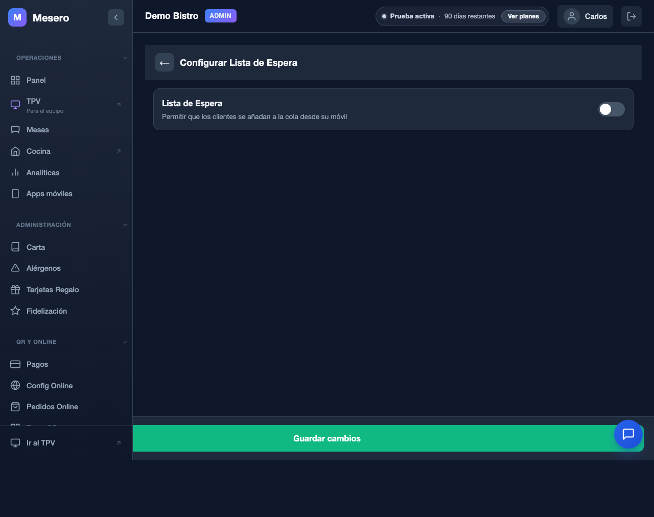 Captura de pantalla de Mesero: Lista de espera