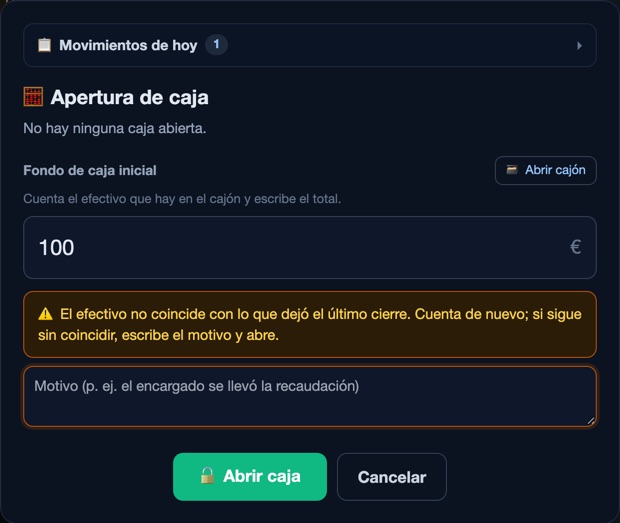 Opening the till (Spanish interface): the starting float typed, €100, does not match what the last close left; the screen asks to count again or write a reason, and does not say how much should be there.