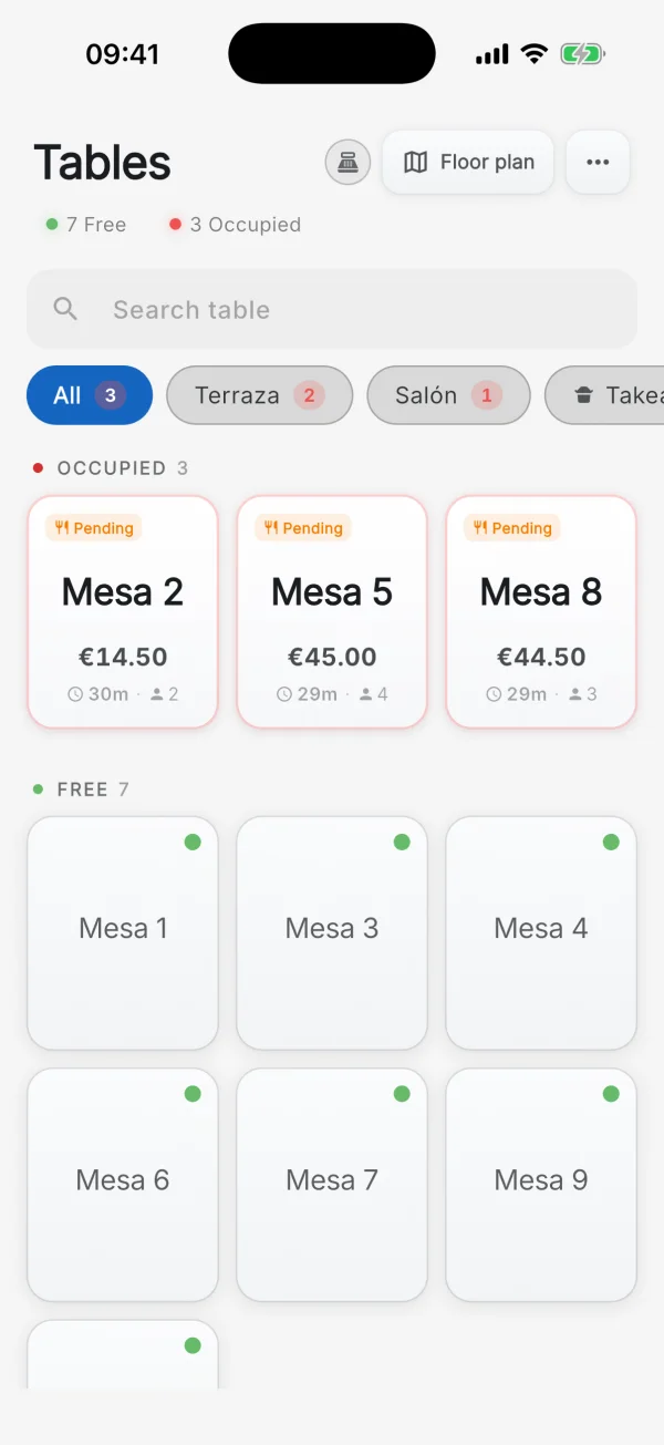 The Mesero Comandas app on an iPhone (English interface): the tables, with 2, 5 and 8 occupied showing their total and time, and seven free tables.