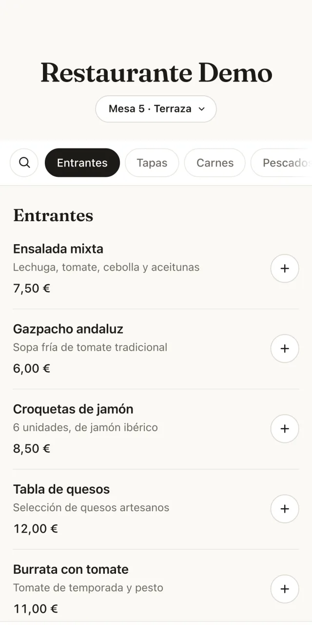 The Mesero QR menu on a phone (Spanish menu): table 5 browses the starters and adds them with one tap.