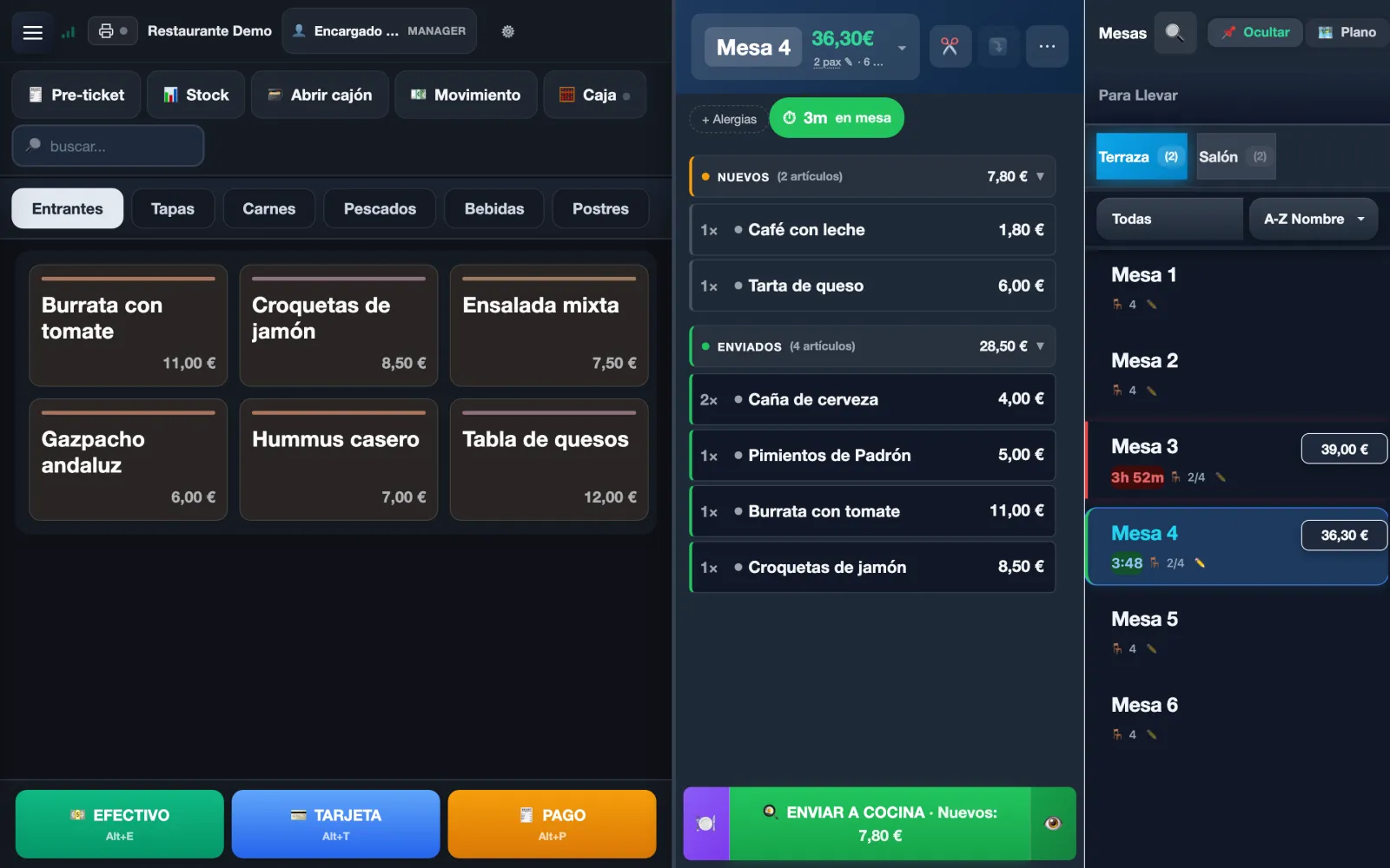 Mesero's POS on a tablet (Spanish interface): the menu on the left, Table 4's bill in the middle with €36.30 and the dishes already sent to the kitchen, and the terrace tables on the right.