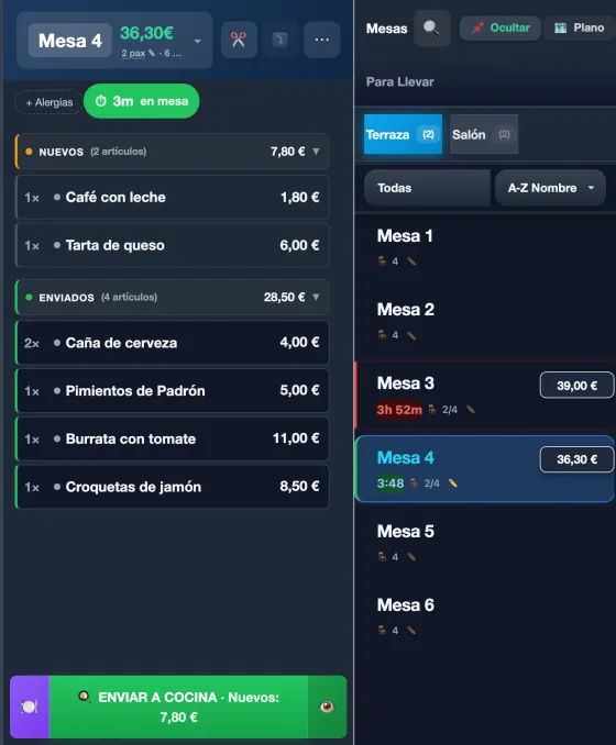 Detail of the Mesero POS (Spanish interface): table 4 with two new dishes still to send and four already sent to the kitchen, beside the list of tables with their time and total.