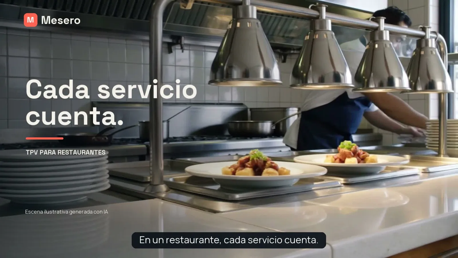 A restaurant kitchen pass with two plates ready. Illustrative scene generated with AI.