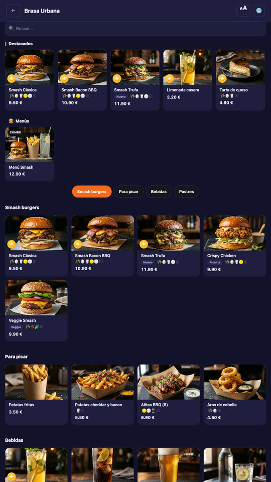 The kiosk's menu with the featured dishes, the meal deal and the burgers, each with photo, price and allergens.