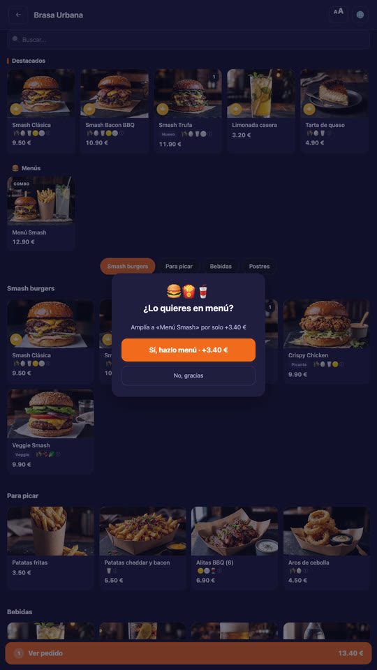 A burger that is part of a meal deal: the kiosk asks whether to make it a meal, with the button for €3.40 more (Spanish interface).