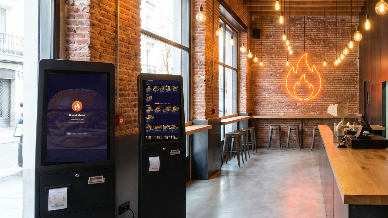 Two self-service kiosks in a burger place with brick walls, one on the welcome screen and one on the menu.