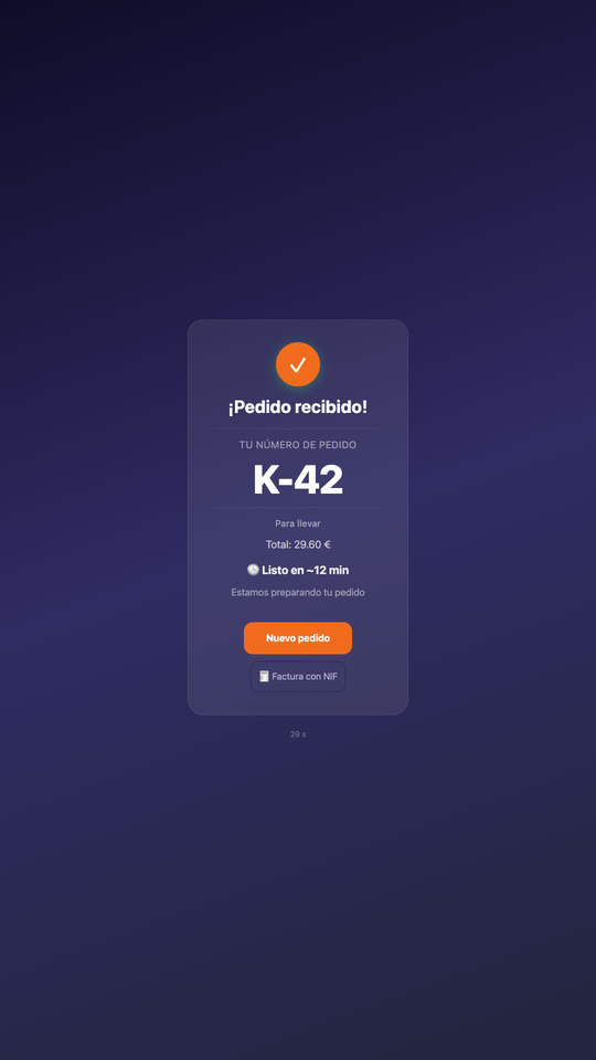 Order received: number K-42, takeaway, the total and the estimated time, with the buttons for a new order and a full invoice.