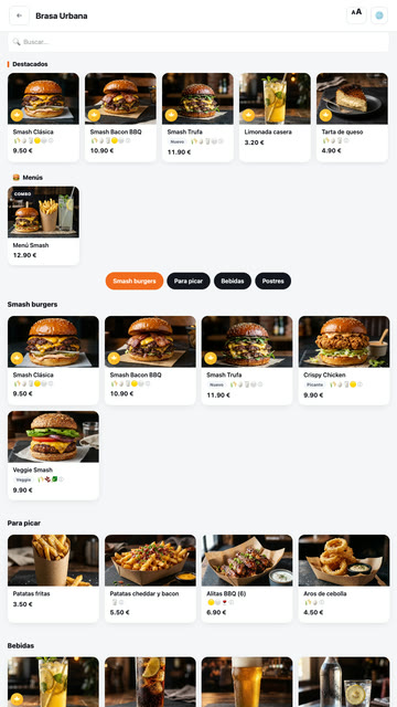 The kiosk menu in the theme the colours show, with the featured dishes, the meal deal and the burgers.
