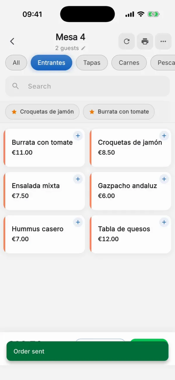 Table 4’s menu in the app (English interface, Spanish menu), by category, with a search box and the most-ordered dishes at the top.