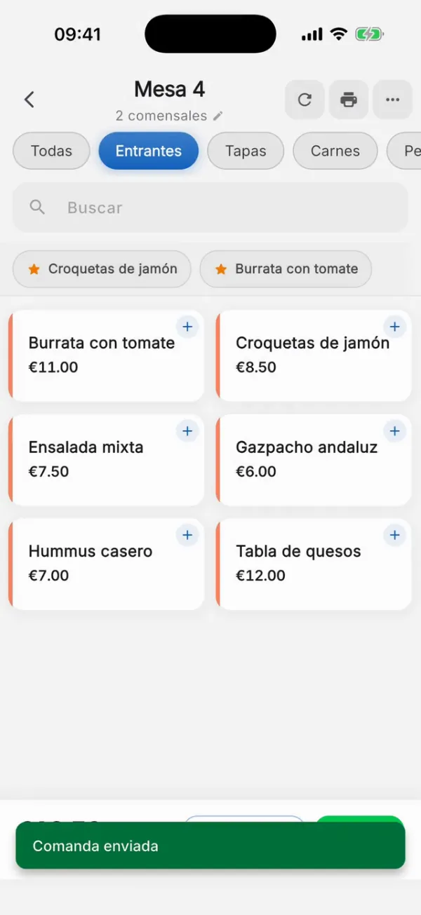 La carta de la Mesa 4 en la app, por categorías, con buscador y los platos más pedidos arriba.