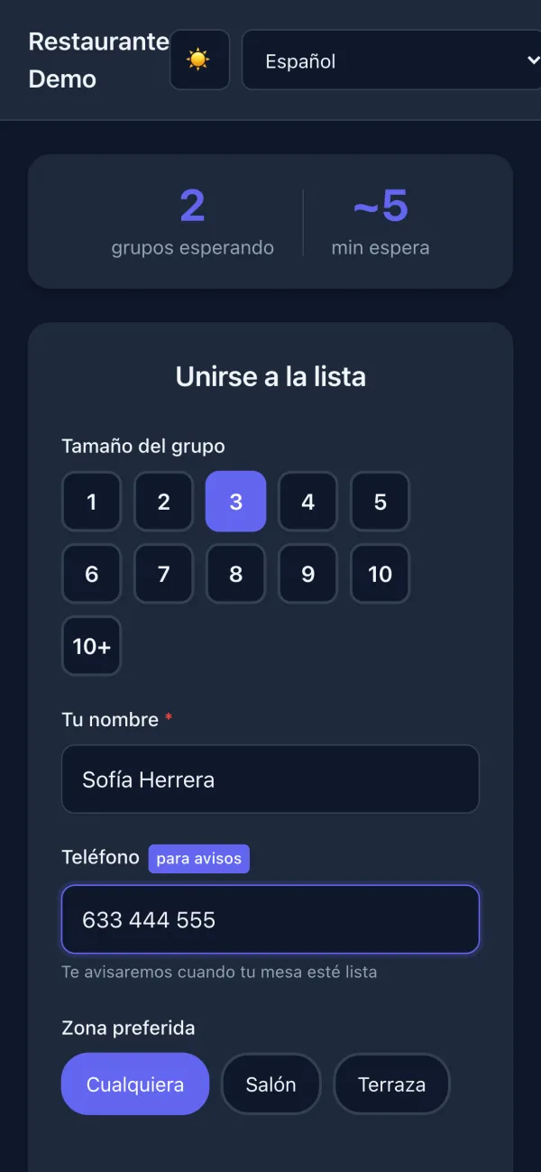 The page to join the waitlist (Spanish interface): 2 groups waiting, about 5 minutes, the group size, the name and the phone for alerts.