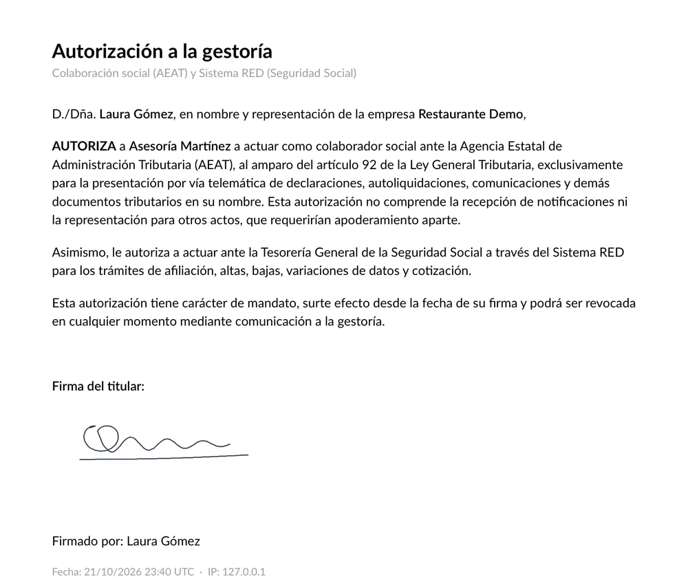 The authorisation to the gestoría signed on screen in Mesero (in Spanish), with example data: social collaboration with the AEAT under article 92 of the General Tax Law, for filing returns only, and Sistema RED for hires, terminations and changes; revocable at any time; with the signature, the name and the date.