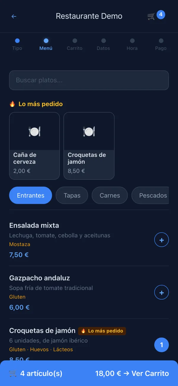 Mesero's ordering site on a phone (Spanish interface): the most ordered dishes, the menu by category with its allergens, and the cart with 4 items for €18.00.
