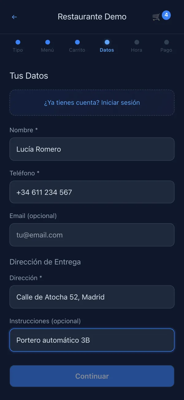 The delivery order's details: name, phone, delivery address and instructions.