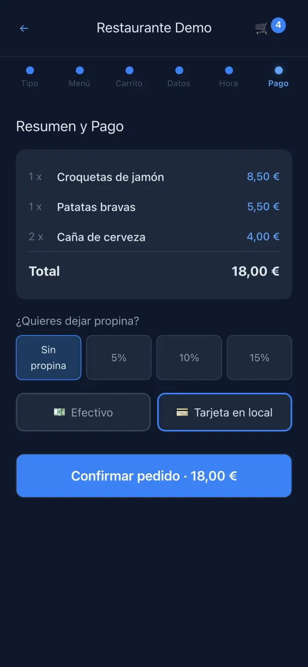 The order summary with the total, €18.00, the tip, and payment in cash or by card at the venue.