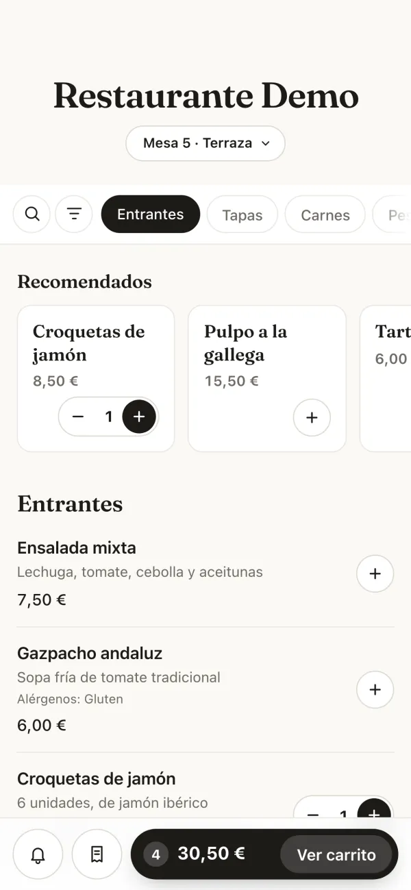 Mesero's QR menu on a phone (Spanish interface): Restaurante Demo, Table 5 · Terrace, the recommended dishes and the cart with 4 items for €30.50.