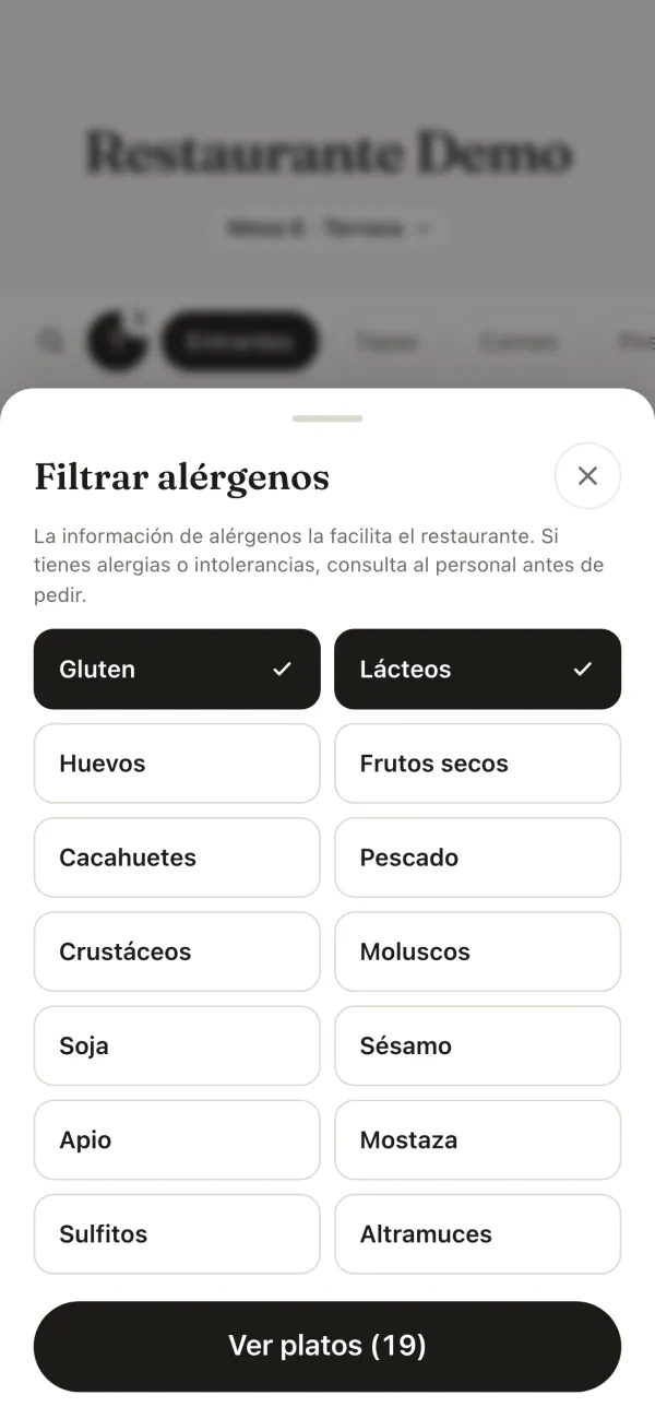 The menu's allergen filter, with Gluten and Dairy ticked among the 14 allergens and the button to see 19 dishes.