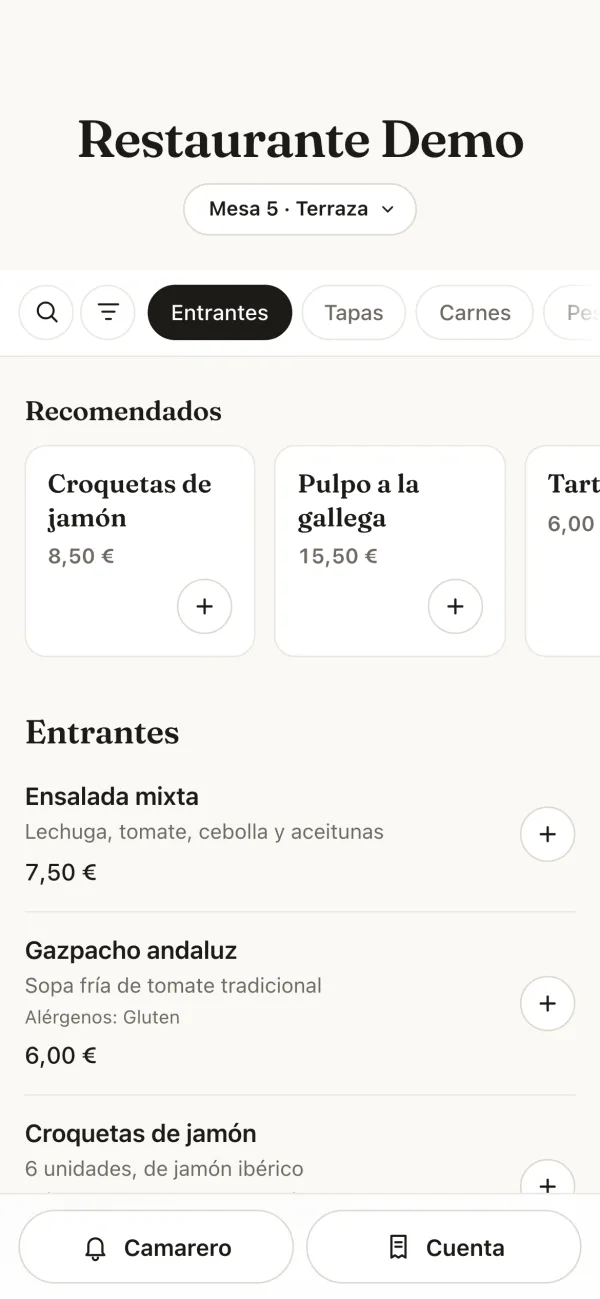 The QR menu: Restaurante Demo, Table 5 · Terrace, the categories, the recommended dishes and the starters with their prices.