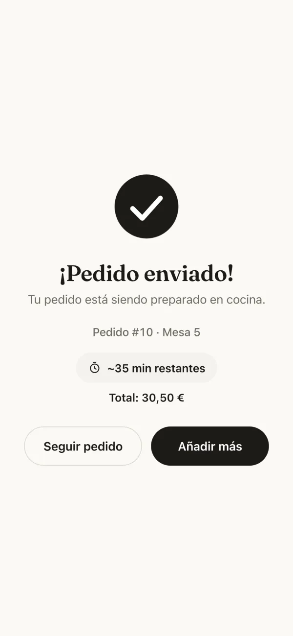 The confirmation on the phone: Order sent, Order #10 · Table 5, about 35 minutes to go and a total of €30.50.