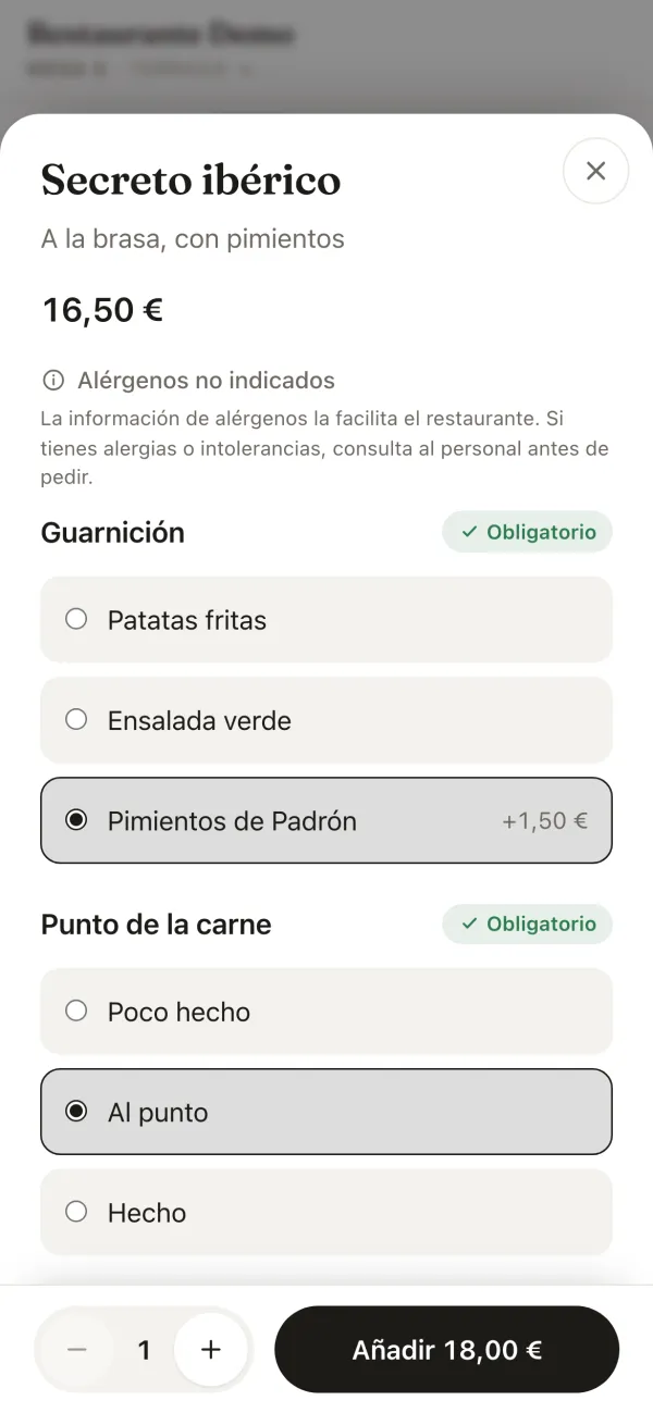 The Iberian secreto with two required choices: a side, Padrón peppers for €1.50 more, and how it is cooked, medium; the button says Add €18.00.
